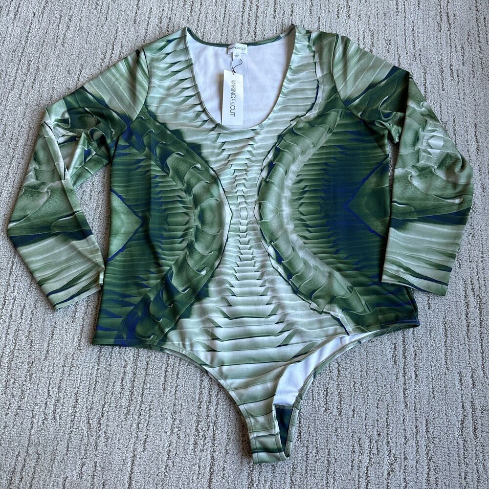 Making the Cut Bodysuit Womens Size 2X Green Printed Stretch Long Sleeve Plus‎